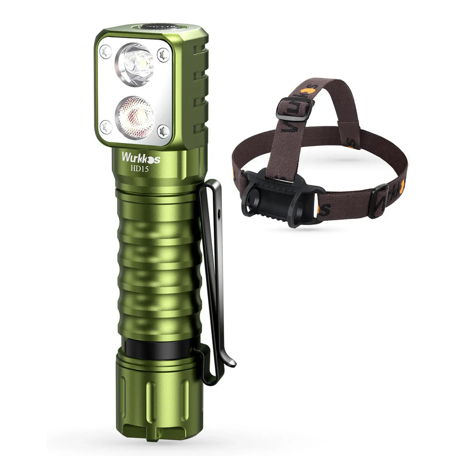 Green flashlight with a headband on a white background