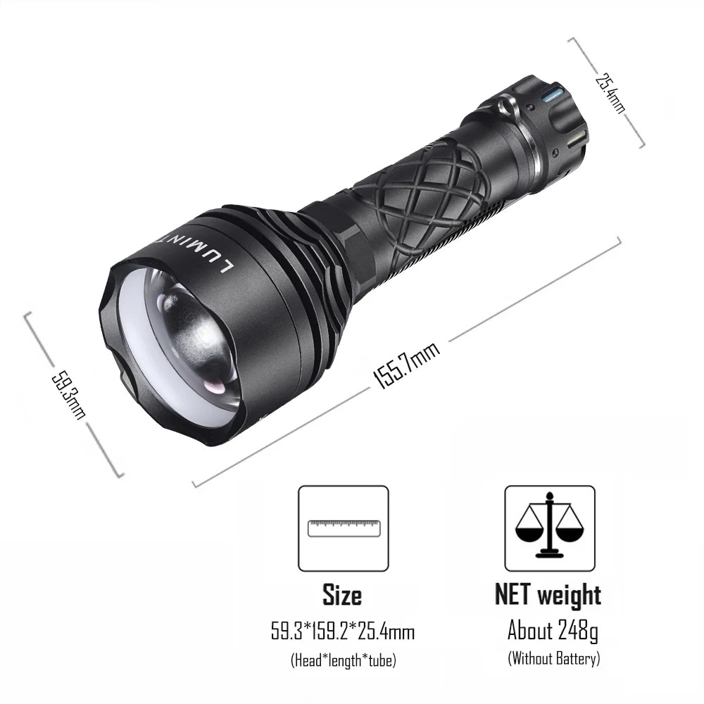Black flashlight with measurements and weight details on a white background