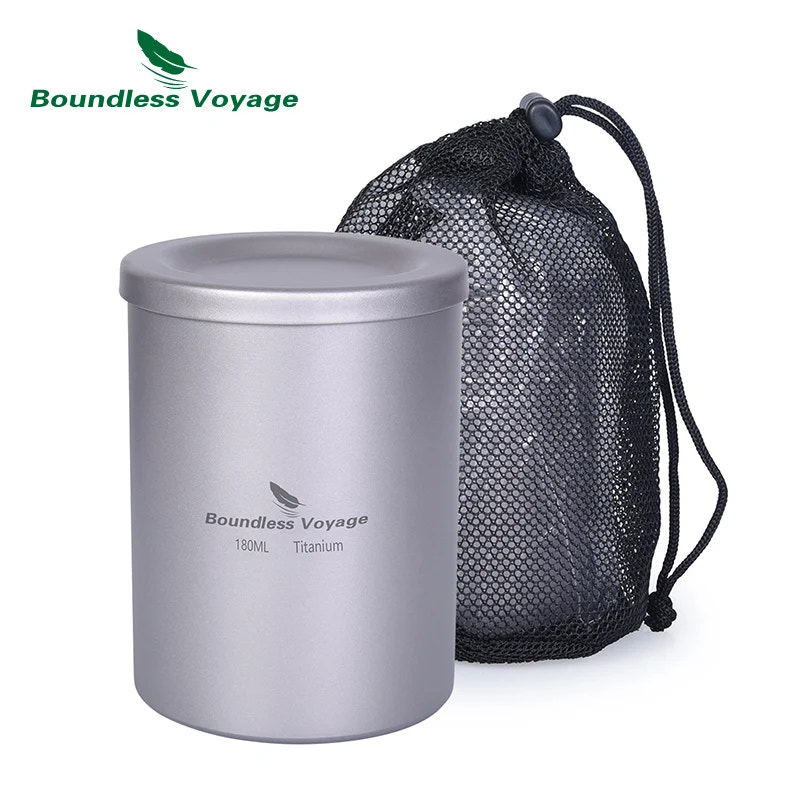 Titanium mug with drawstring bag on a white background, featuring Boundless Voyage branding.