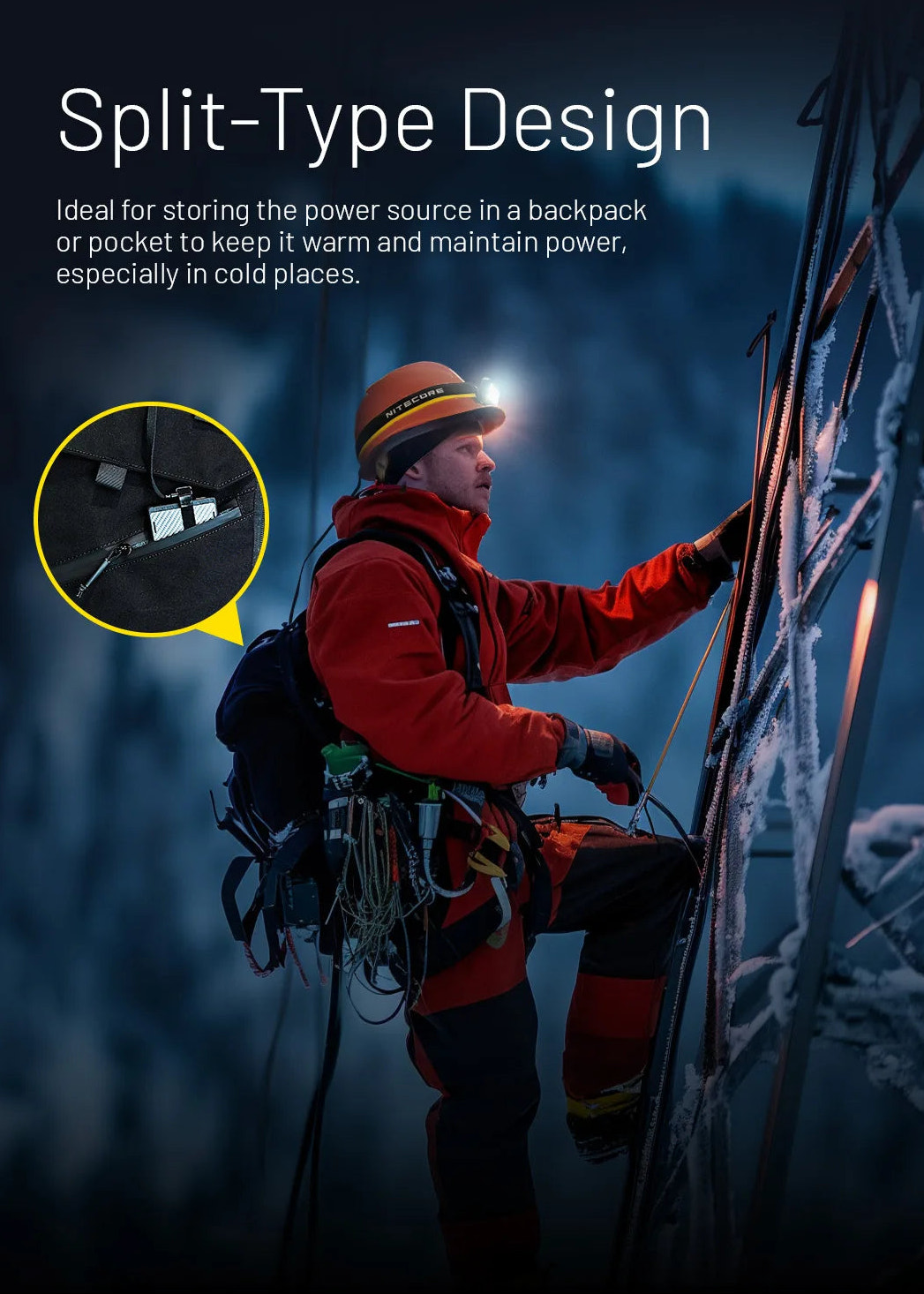 Person climbing a snowy pylon with a backpack and helmet, highlighting split-type design feature.