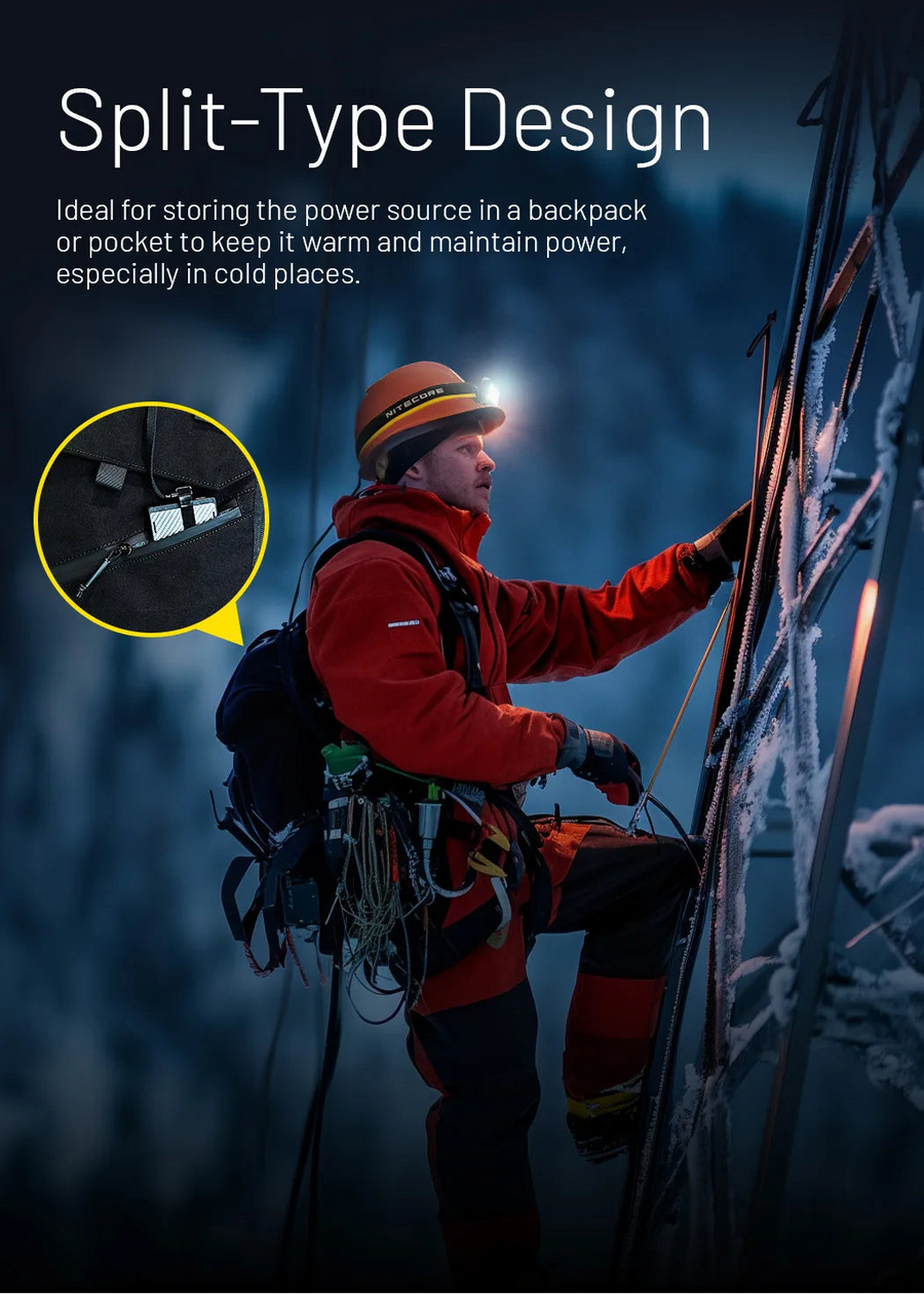 Person climbing a snowy pylon with a backpack and helmet, highlighting split-type design feature.