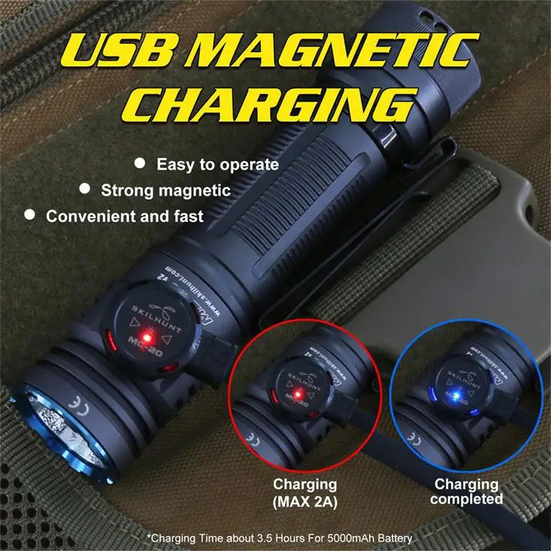 USB magnetic charging device with text highlighting features on a textured surface.