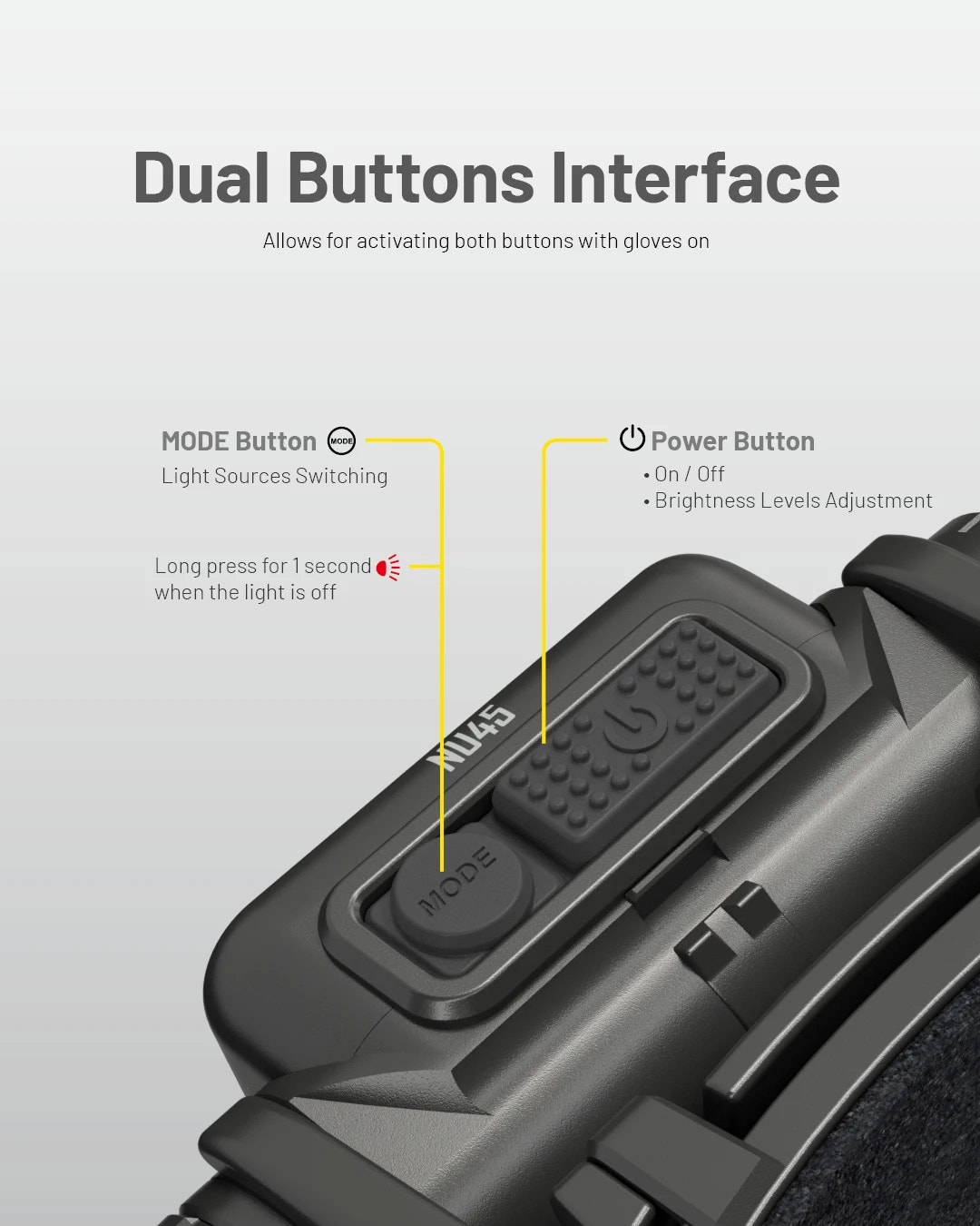 Close-up of a device with dual buttons labeled 'Mode' and 'Power' on a gray background.