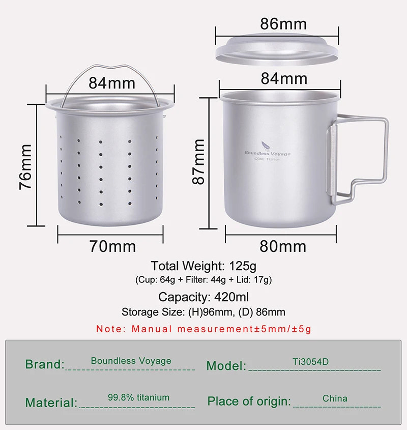 Measurement chart of a titanium cup with filter and lid, showing dimensions and weight.