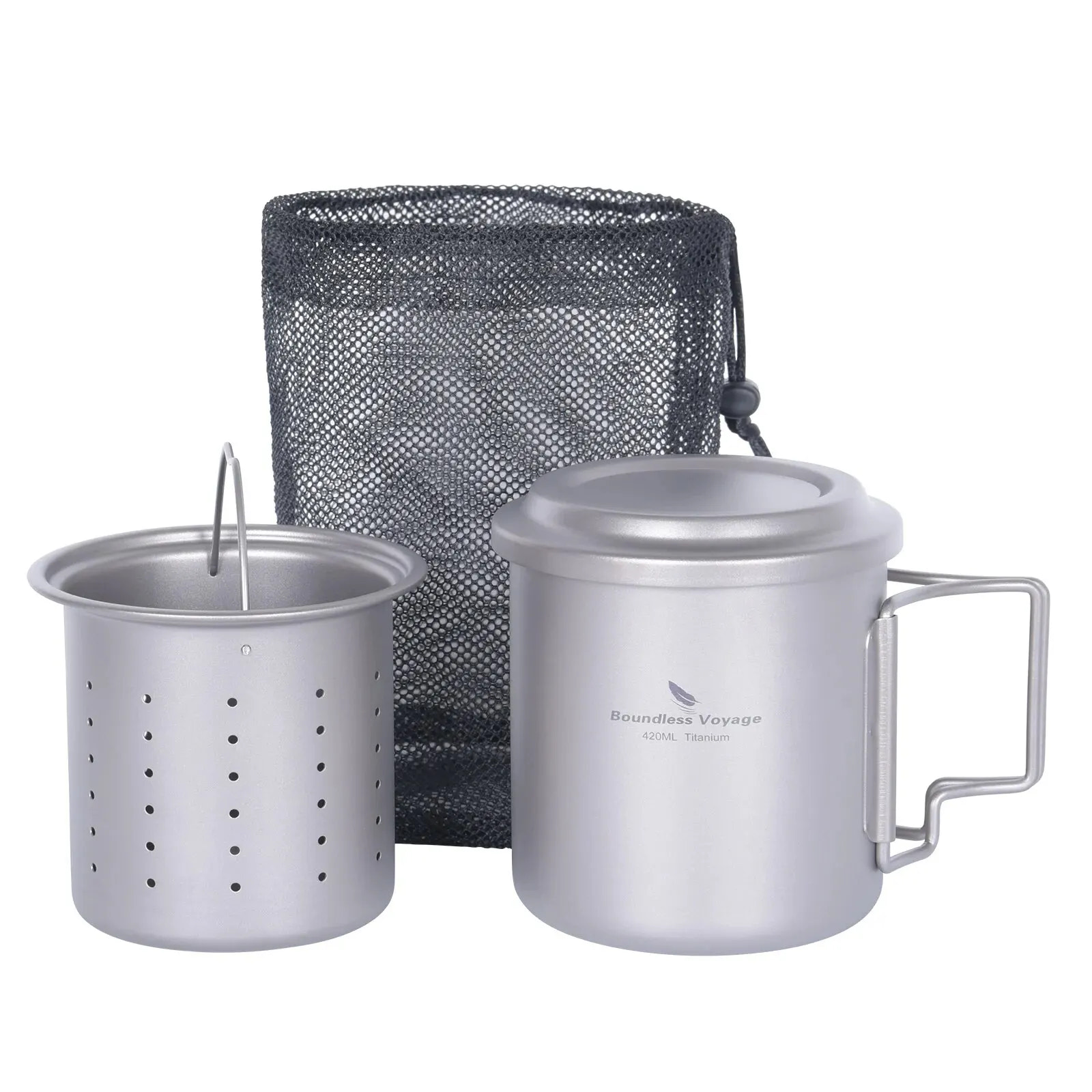 Titanium Cup with Tea Strainer with a mesh storage bag on a white background