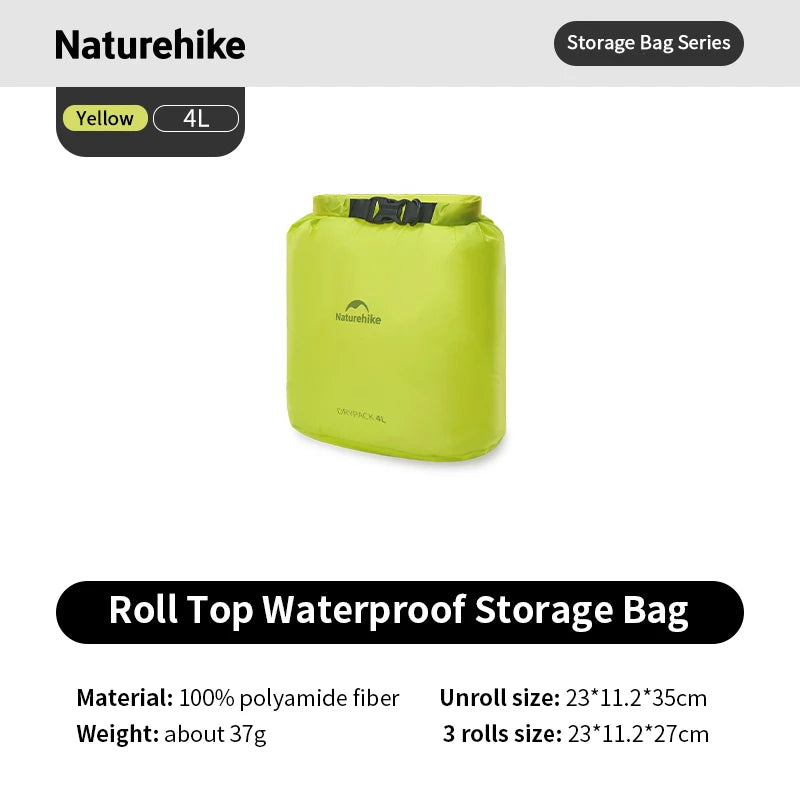 Yellow roll top waterproof storage bag with Naturehike branding on a white background