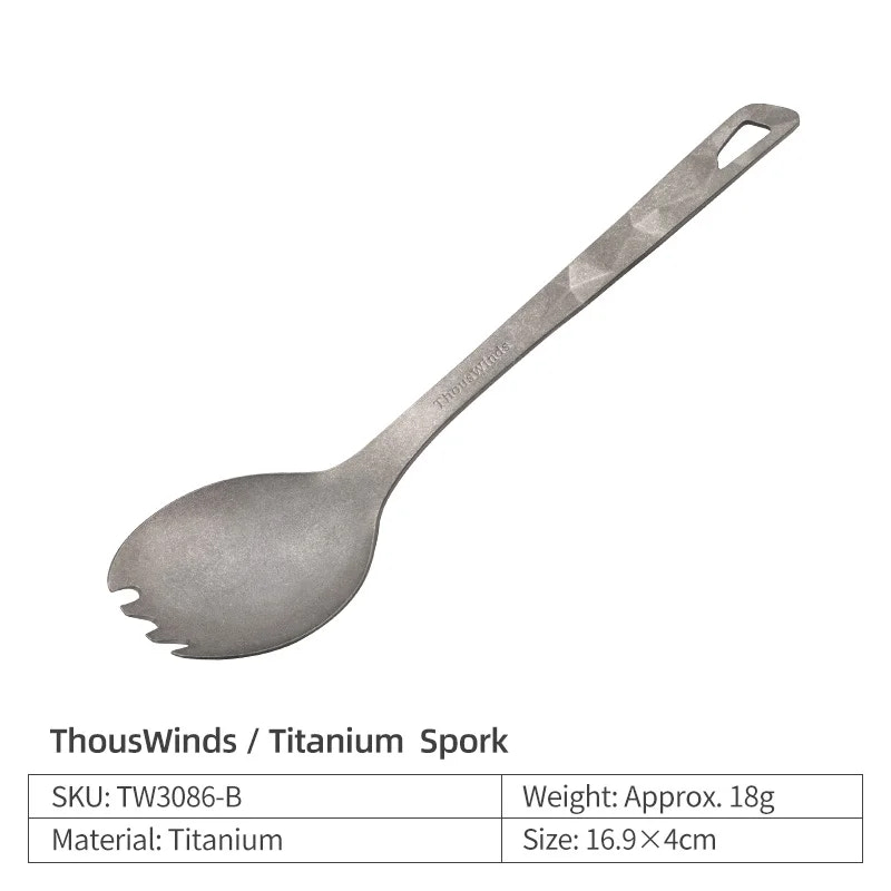 Titanium spork with ThousWinds branding on a white background