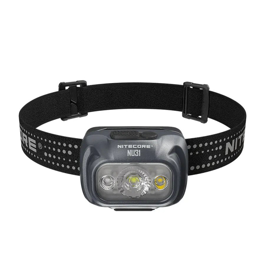 Nitecore NU31 headlamp with black strap on a white background