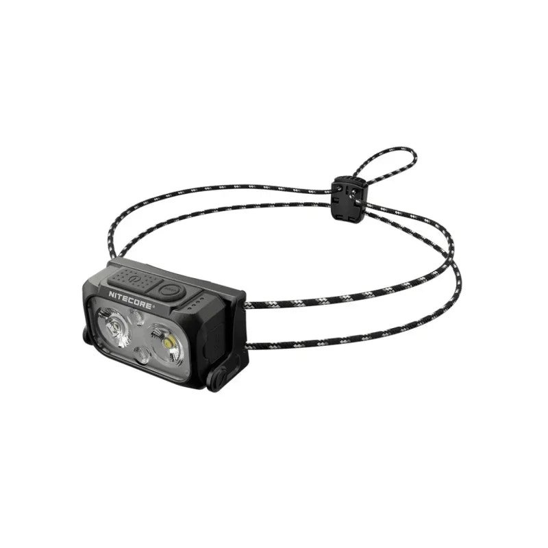 Black headlamp with lanyard on a white background