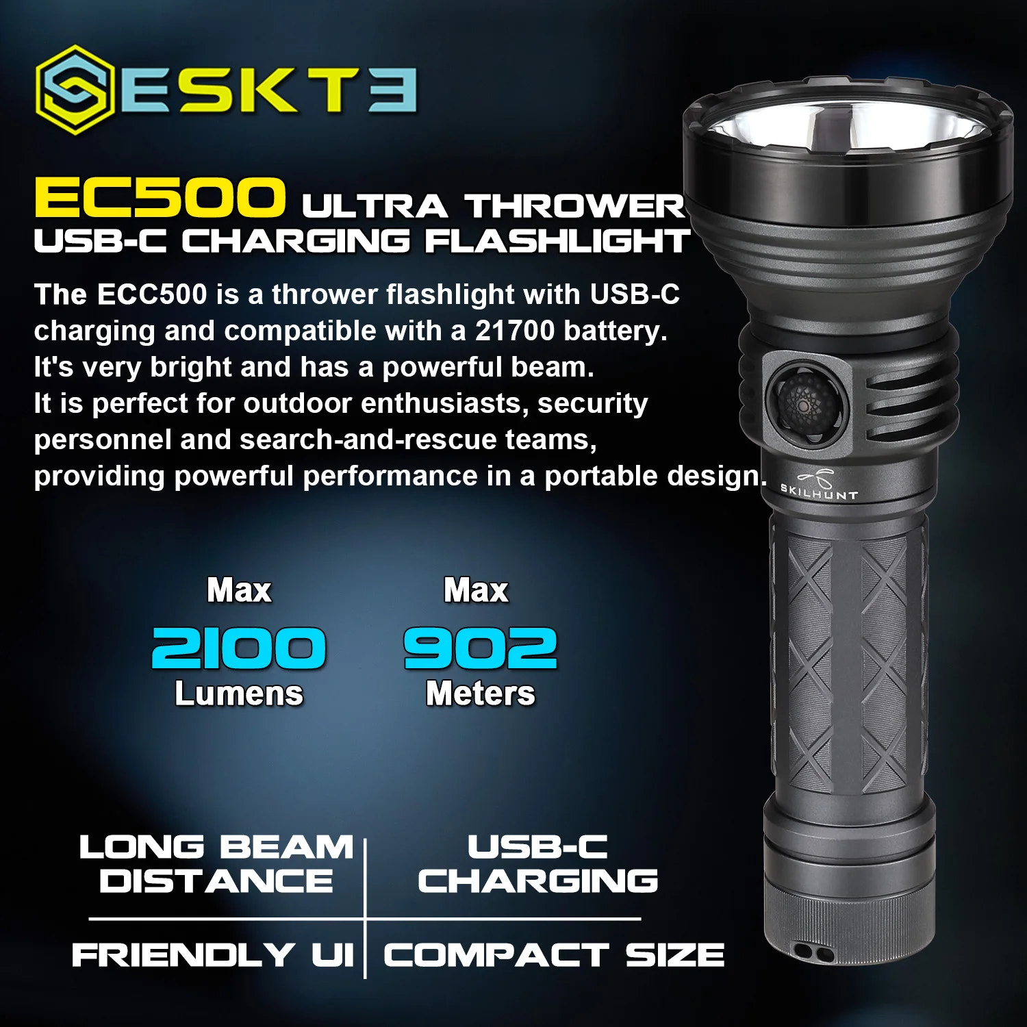 ESKTE EC500 Ultra Thrower USB-C Charging Flashlight with specifications on a dark background