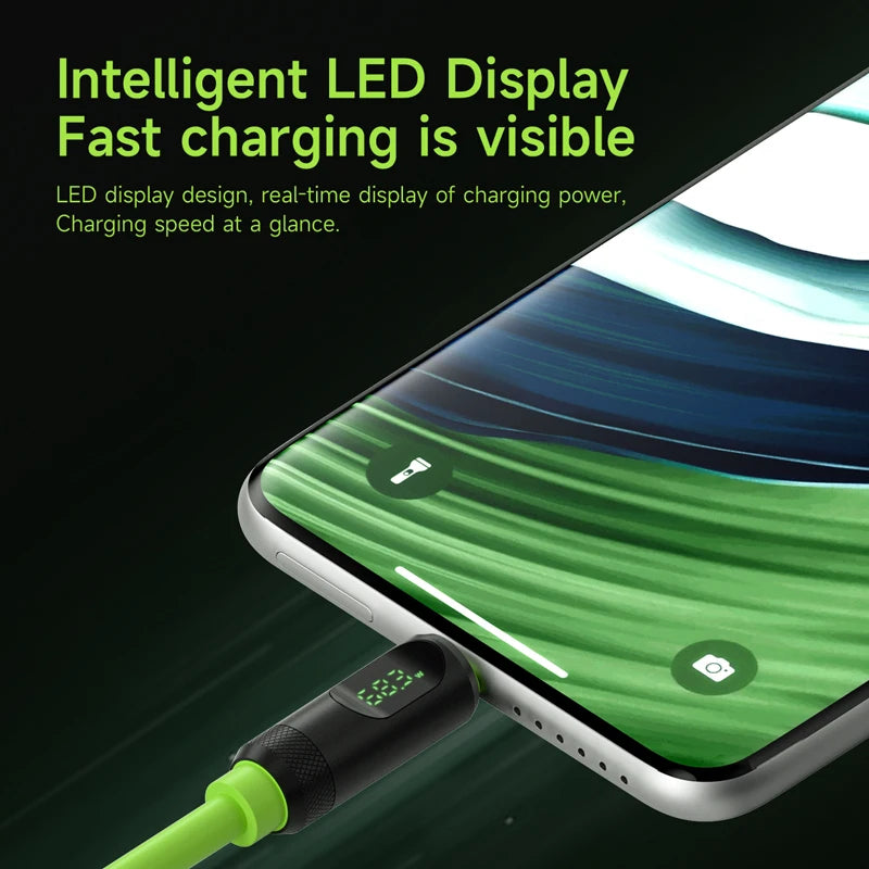Smartphone with charging cable displaying an intelligent LED display on a dark background