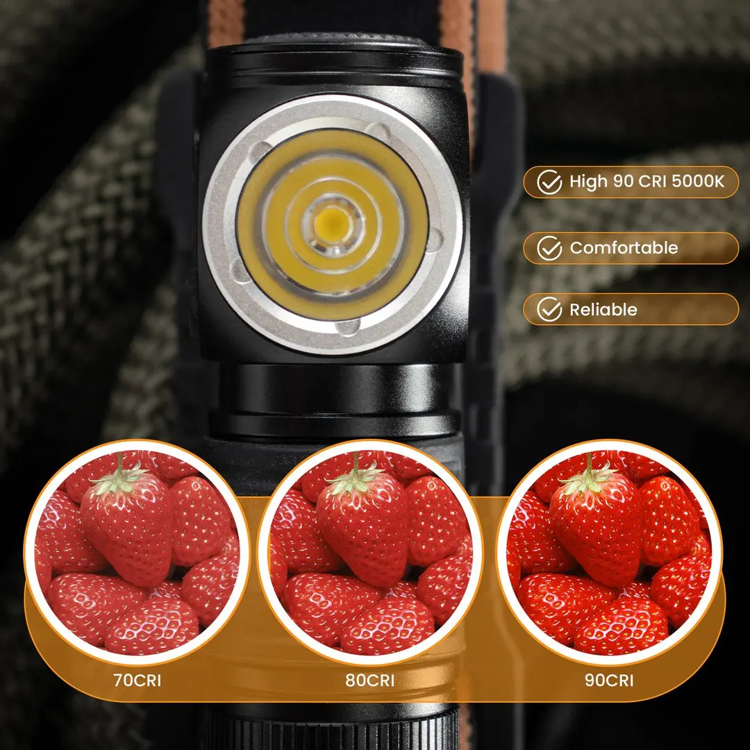 Close-up of a flashlight with a focus on its light output, surrounded by images of strawberries to demonstrate color accuracy.