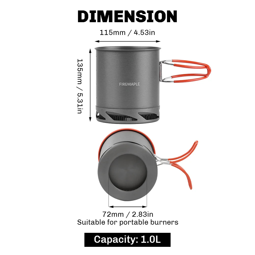 Camping pot with dimensions and capacity details on a white background