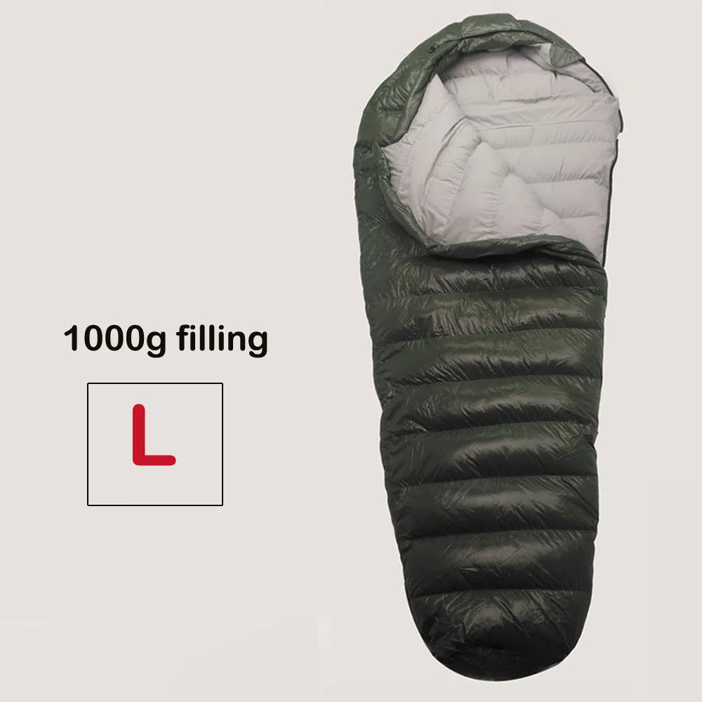 Green sleeping bag with 1000g filling label on a light gray background