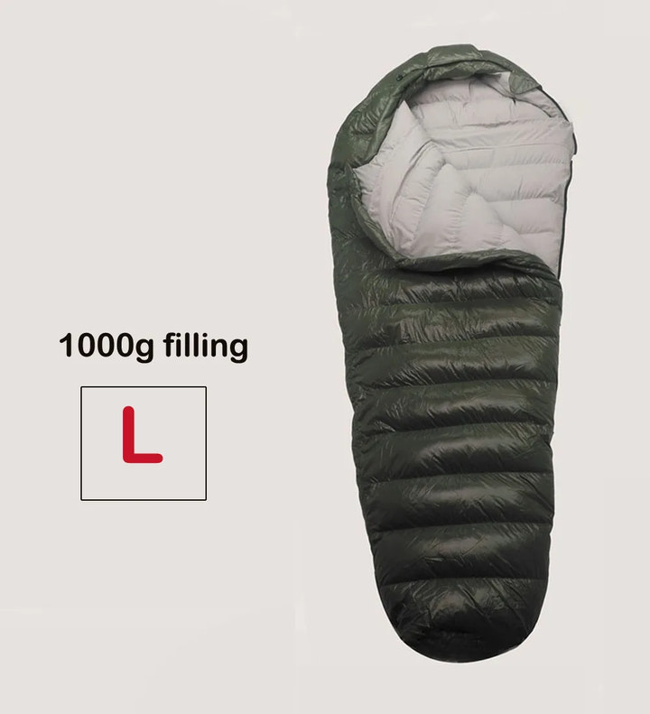 Green sleeping bag with 1000g filling label on a light gray background