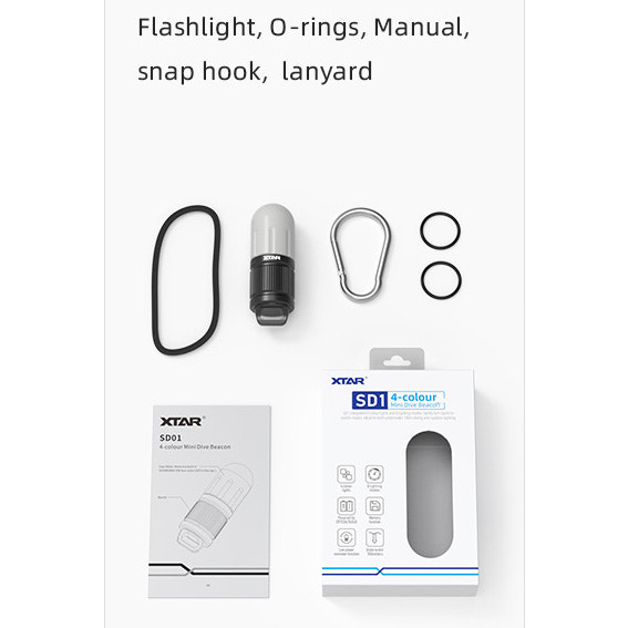 Collection of flashlight accessories including o-rings, a manual, a snap hook, and a lanyard on a white background.