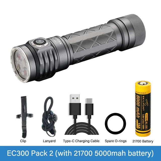 Flashlight with accessories including a clip, lanyard, charging cable, spare O-rings, and a battery on a white background.