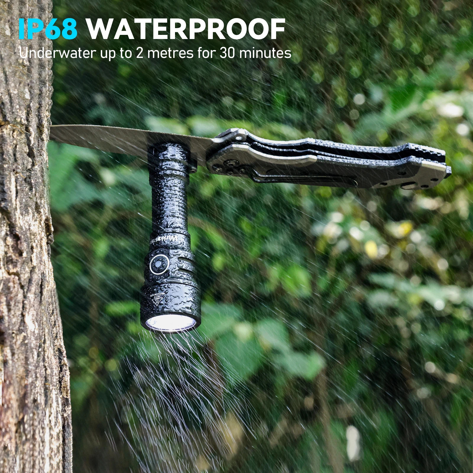 Folding knife and flashlight being tested for water resistance with 'IP68' text displayed.