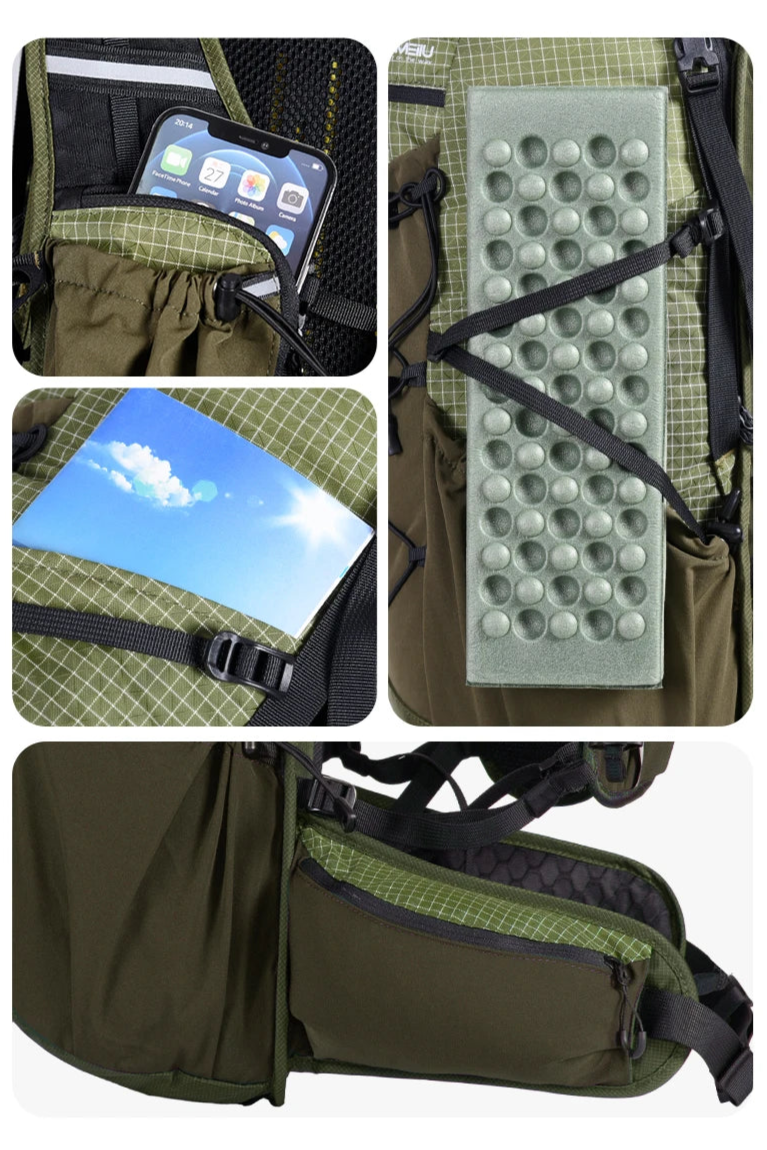 Collage of a green backpack with various features including a phone, tablet, and foam pad.