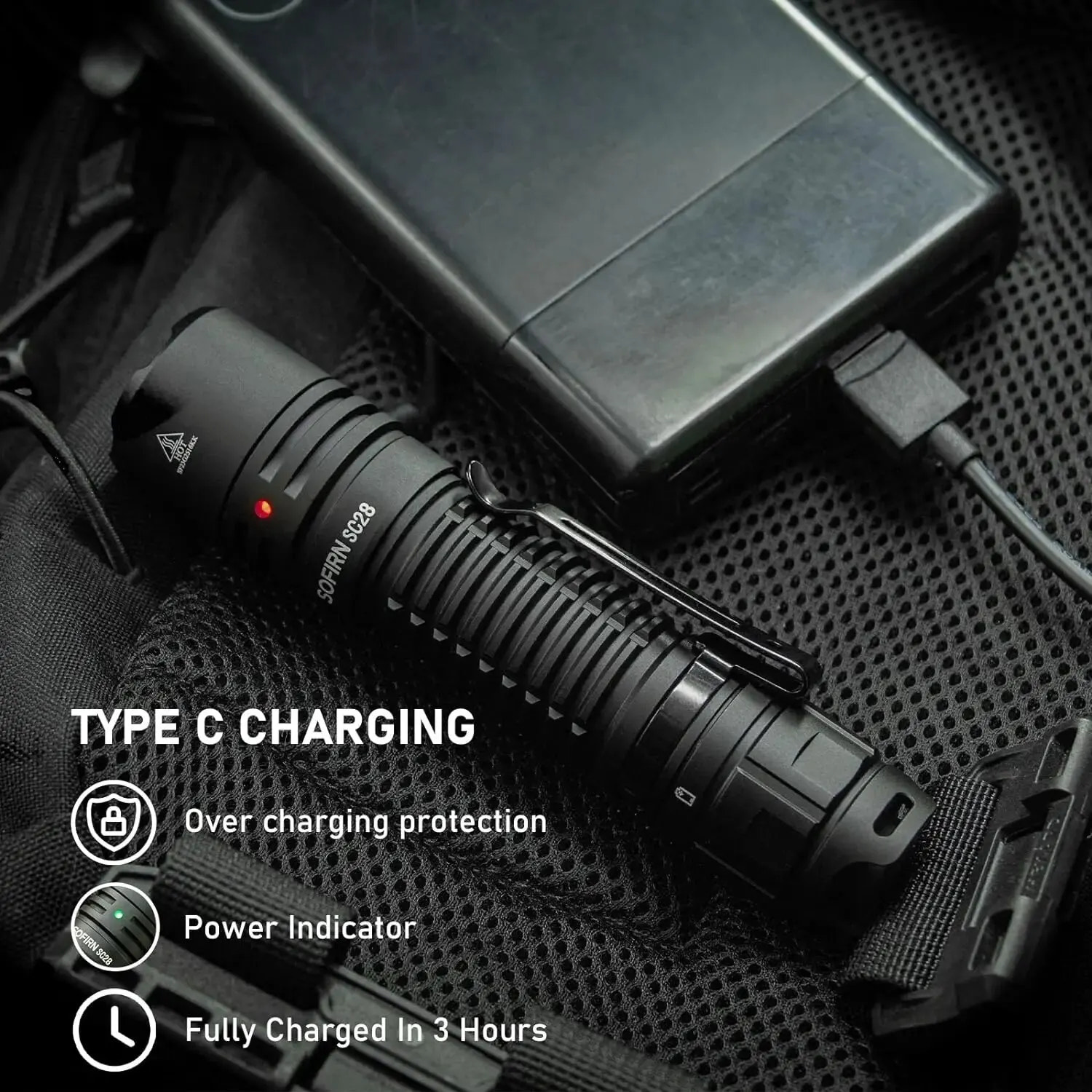 Black flashlight with charging cable on a textured surface, featuring text about type C charging.