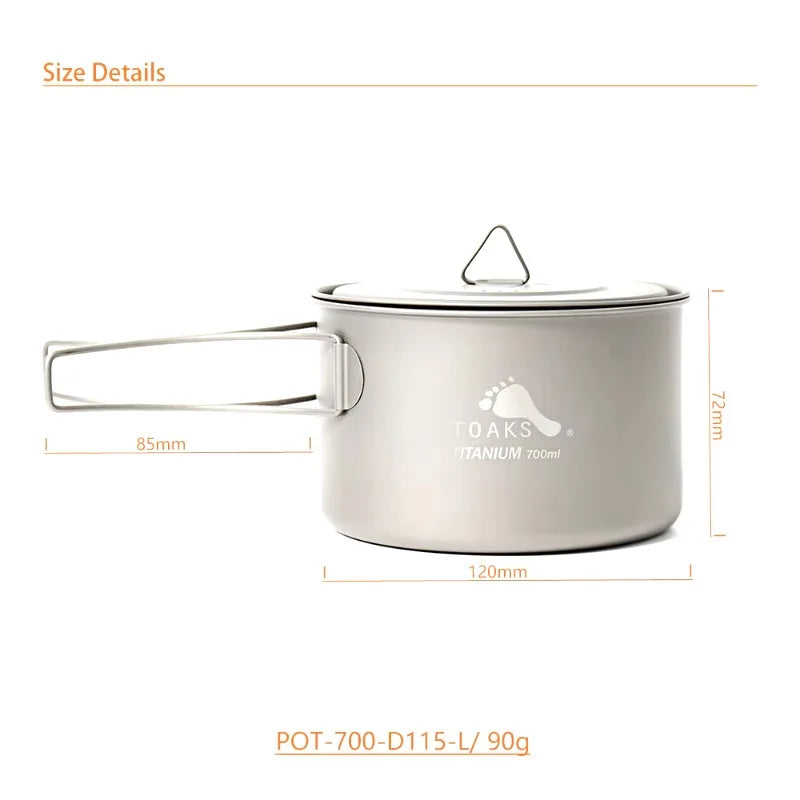 Titanium camping pot with measurements and Toaks Titanium logo on a white background