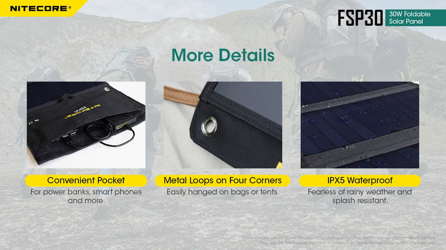 Nitecore FSP30 solar panel with features highlighted on a mountain background