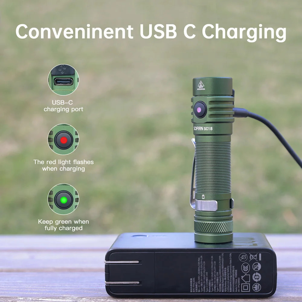 Green flashlight being charged with USB-C port illustration and charging indicators on a blurred natural background.