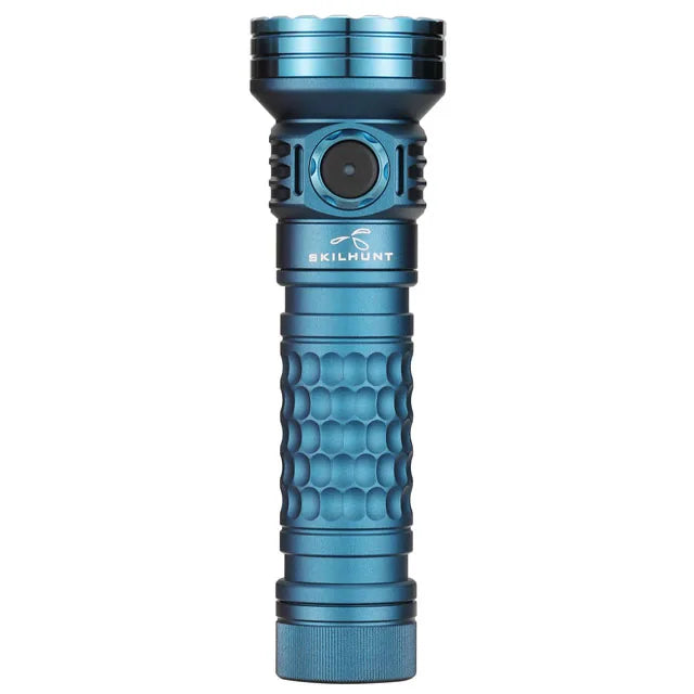 Blue flashlight with textured grip on a white background