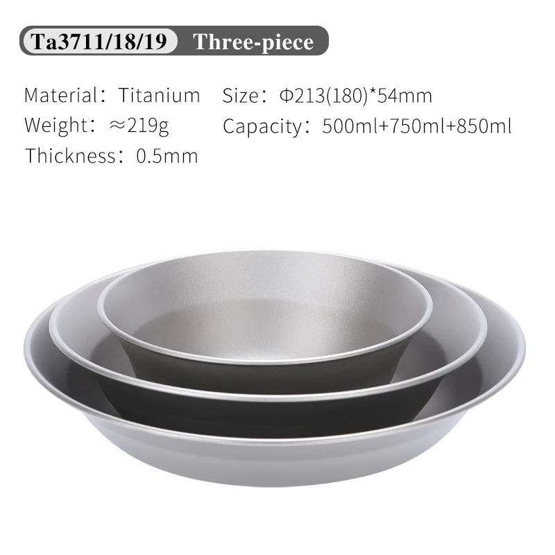 Three titanium bowls of different sizes on a white background with product details.