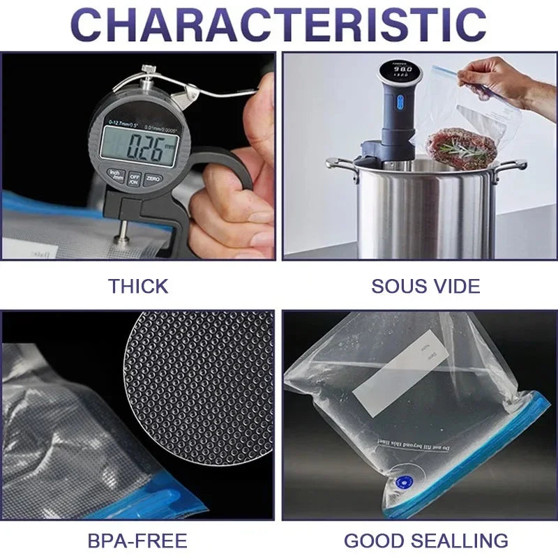 Collage of vacuum sealers with text labels on characteristics like thickness, sous vide cooking, BPA-free, and good sealing.