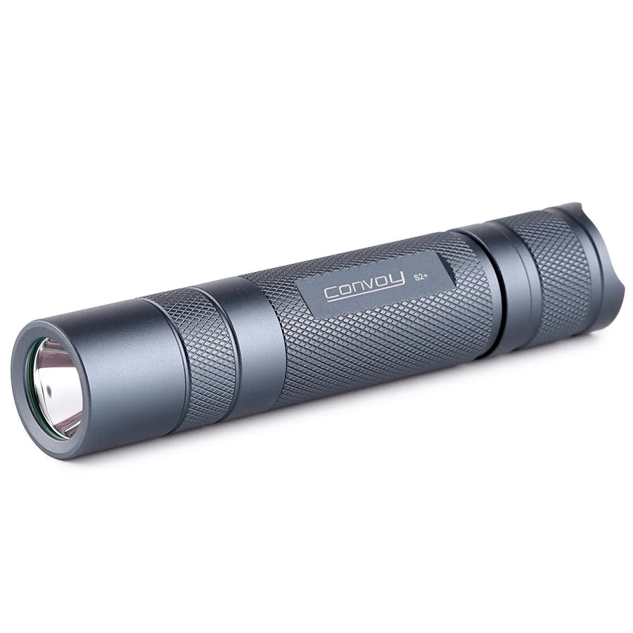 Gray flashlight with 'Convoy' branding on a white background