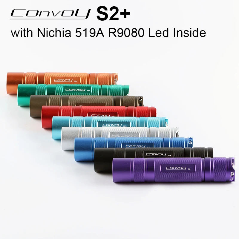 Row of Convoy S2+ flashlights in various colors on a white background