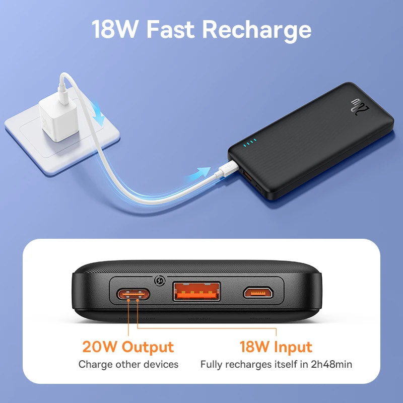 Black power bank with charging cable on a blue background, showing 18W fast recharge capabilities.