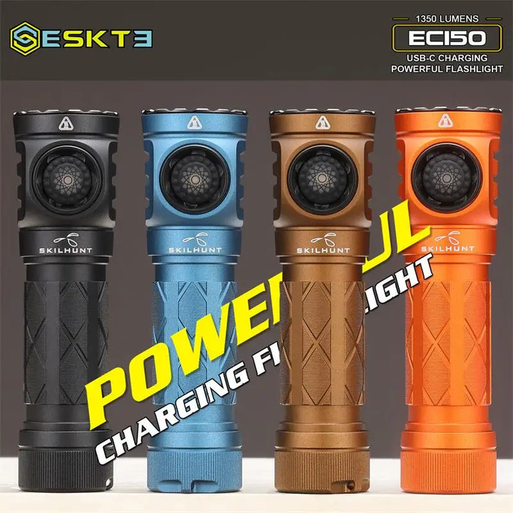 Four flashlights in black, blue, brown, and orange with 'Skilhunt' branding on a gray background.