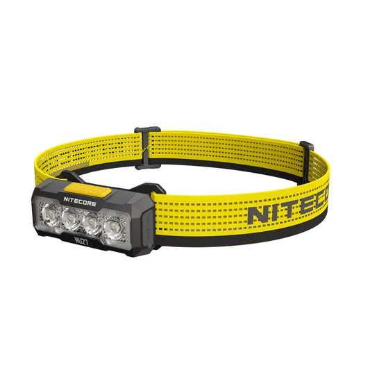Nitecore headlight with yellow strap on a white background