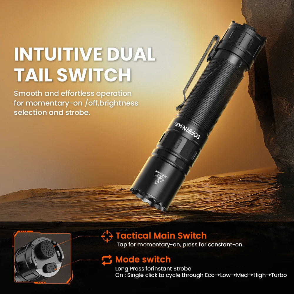 Black flashlight with intuitive dual tail switch on a desert background