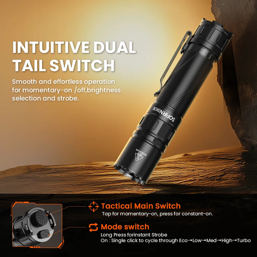 Black flashlight with intuitive dual tail switch on a desert background