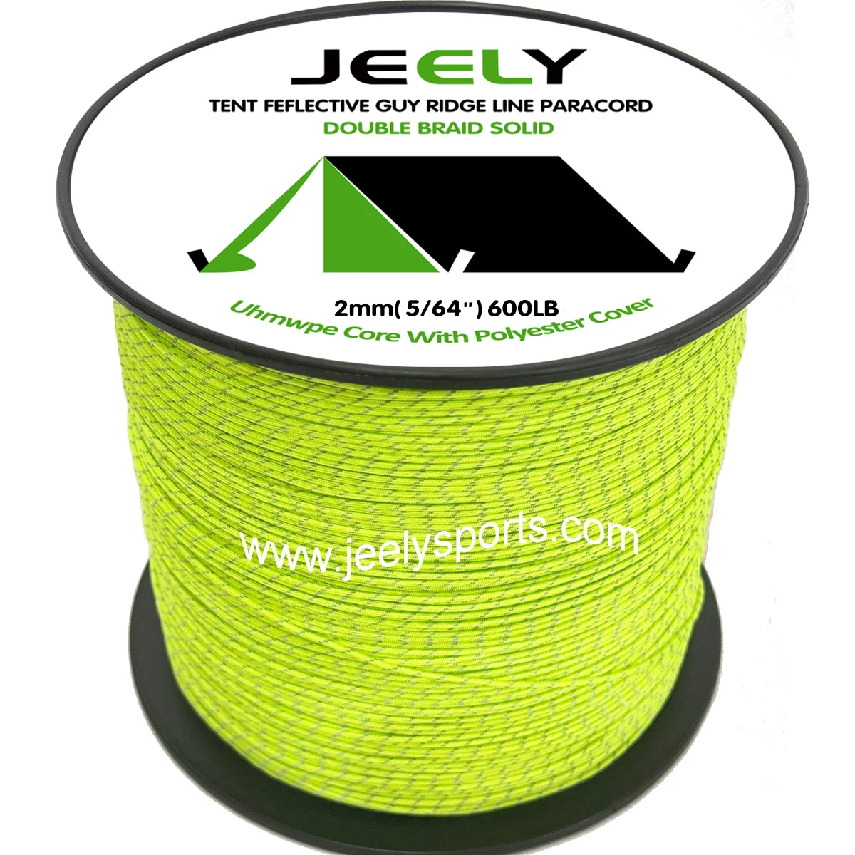 Spool of green tent reflective guy ridge line paracord with Jeely branding on a white background