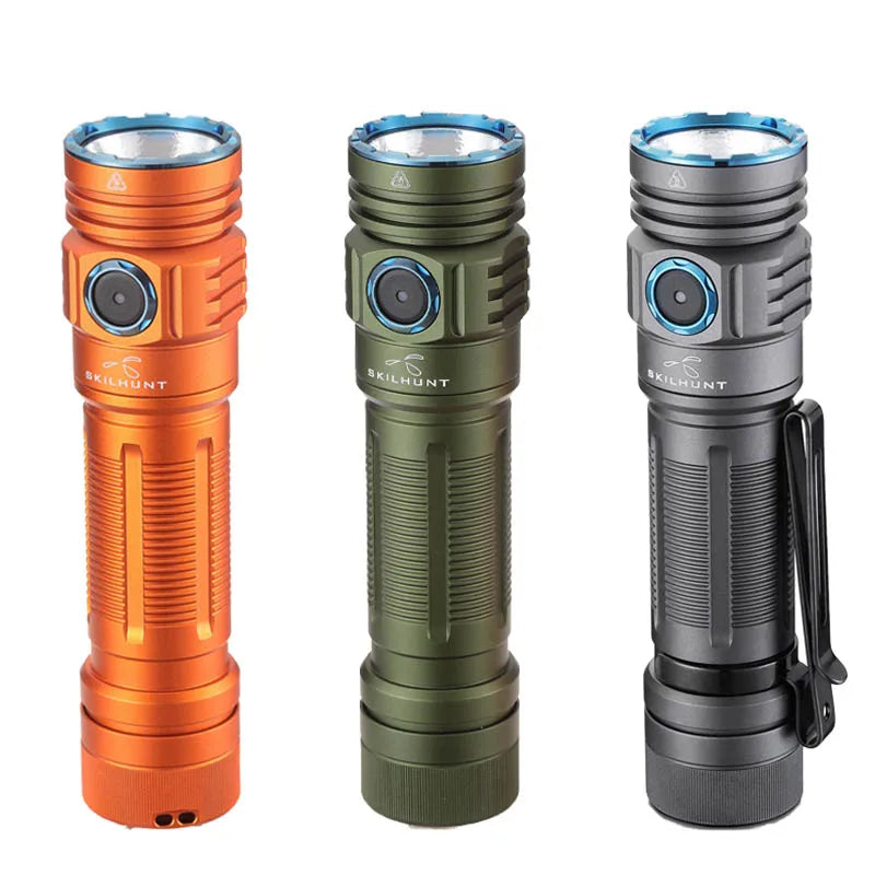 Three flashlights in orange, green, and gray on a white background