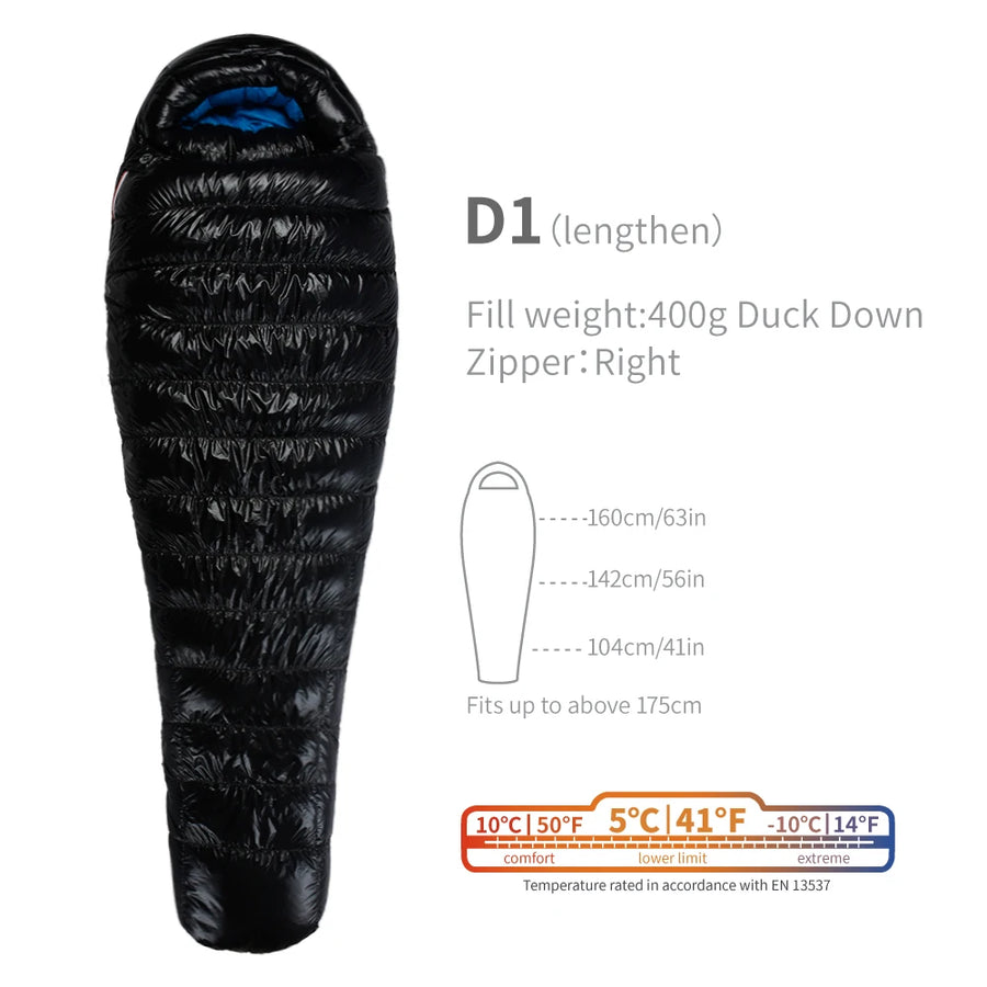 Black sleeping bag with specifications on a white background