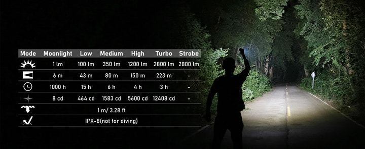 Person holding a flashlight with light output display in a dark forest setting