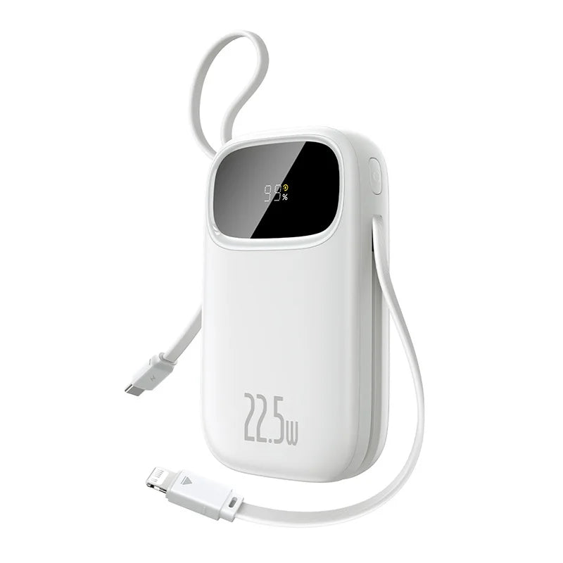 White portable power bank with digital display and cable on a white background