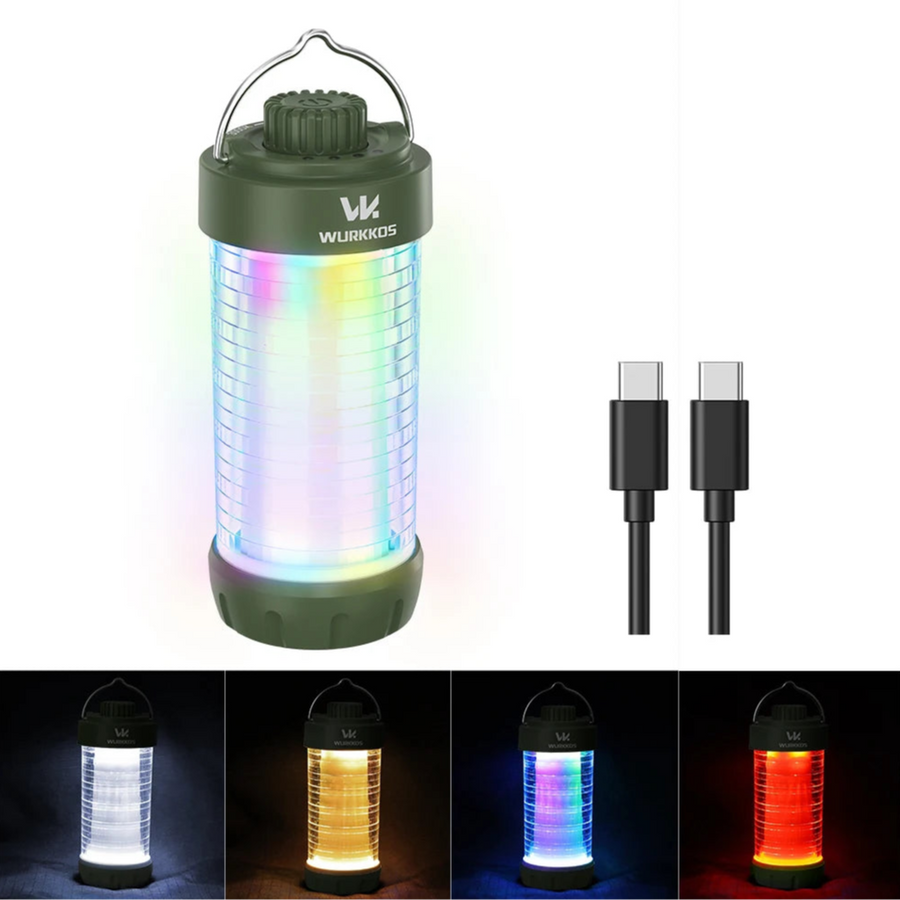 Wurkkos lantern with colorful light display, charging cables, and color-changing effects.