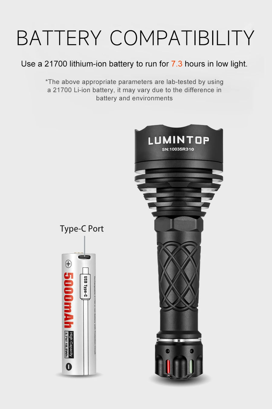 Lumintop flashlight with battery compatibility information on a white background
