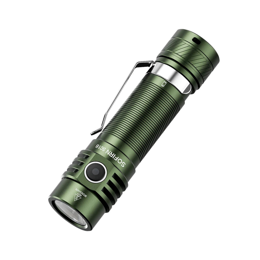 Green flashlight with brand name on a white background