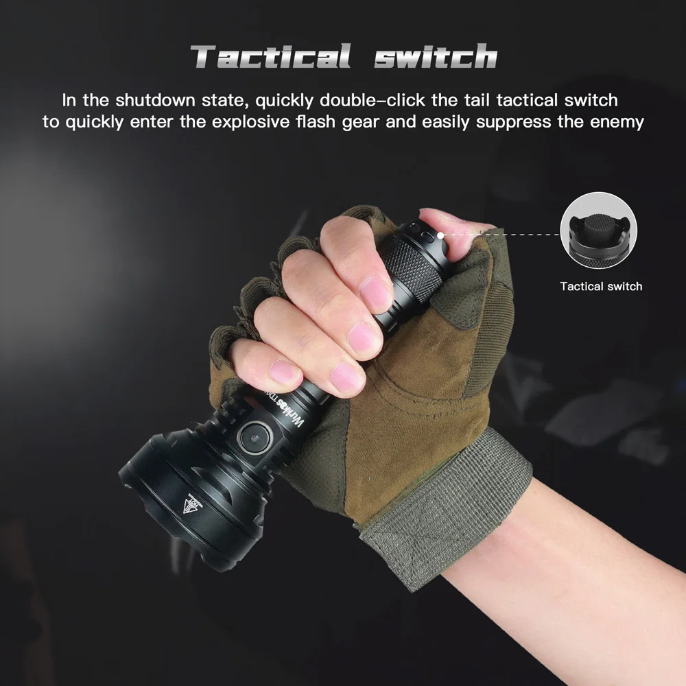 Hand wearing a tactical glove holding a flashlight with text about a tactical switch.