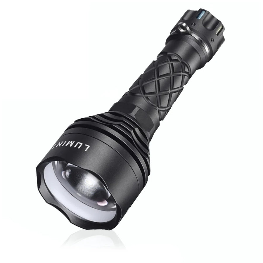 Black flashlight with textured grip on a white background, featuring the Lumintop brand.