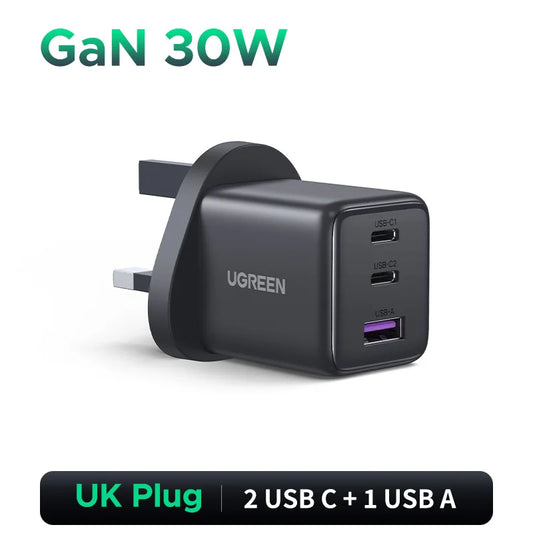 UGREEN GaN 30W power adapter with multiple USB ports on a white background