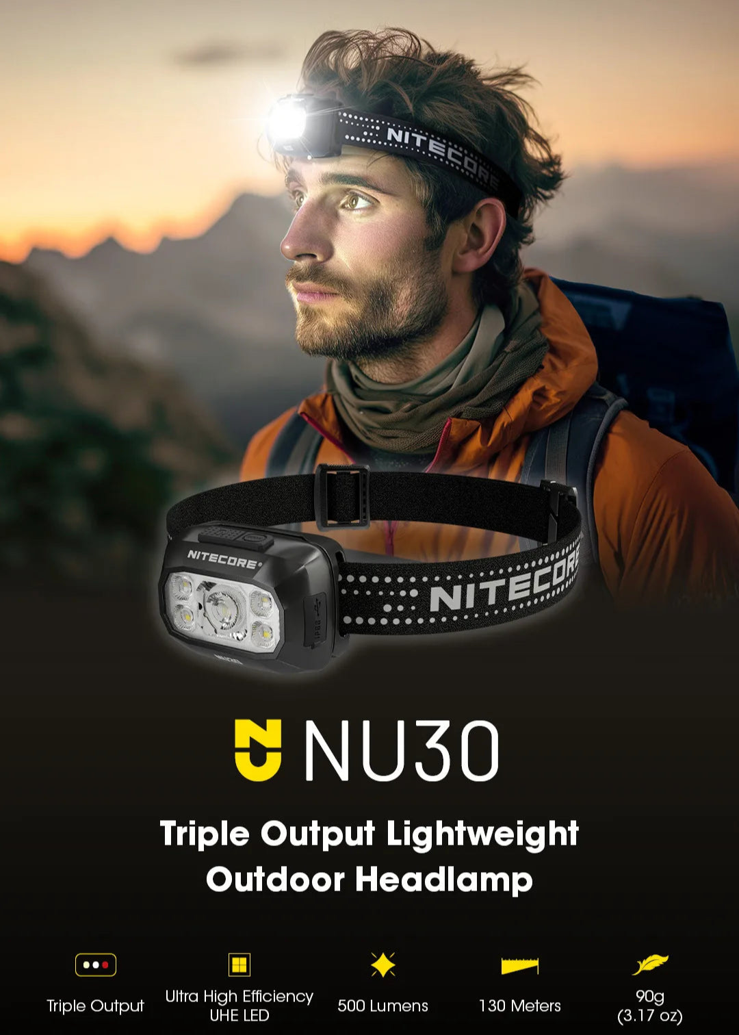 Man wearing a Nitecore headlamp with a scenic background