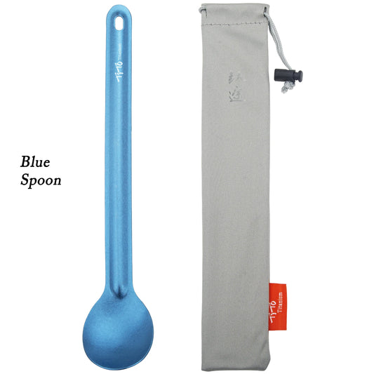 Blue spoon with a gray carrying case on a white background